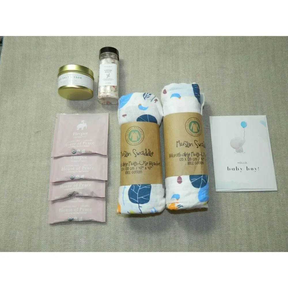 Global Organic Muslin Blanket‎ Cotton Candle Tea New Mom Gift Box